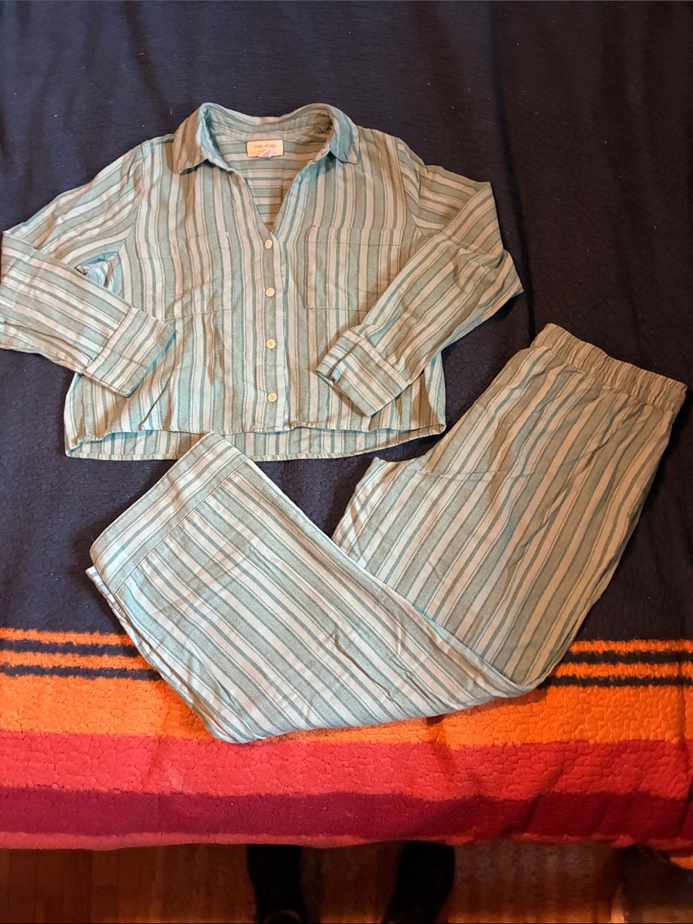 State of day Striped Blue-Green Pajama Set - Button-Front Two-Piece